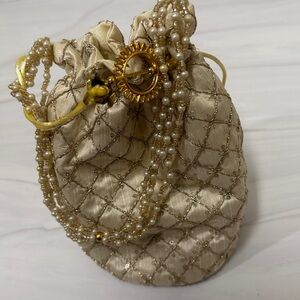 NWT Elegant Quilted Cream Clutch with Gold Accents potli bag